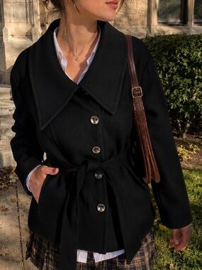 Dué +2 Large Black Wool Blend Short Belt Pea coat Preppy Normcore Academia Y2K